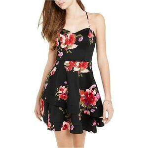 Sequin Hearts Womens Ruffled Floral Fit + Flare Cocktail Dress Black Red Size 13